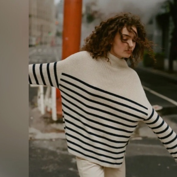 Rails Claudia Cream Navy Stripe Cashmere Wool Mock Neck Sweater Womens XS - Picture 3 of 12